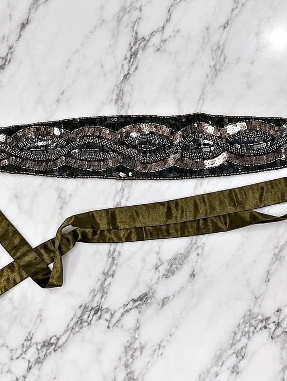 Vintage Beaded Sequin Tie Belt in Black & Brown Size Medium